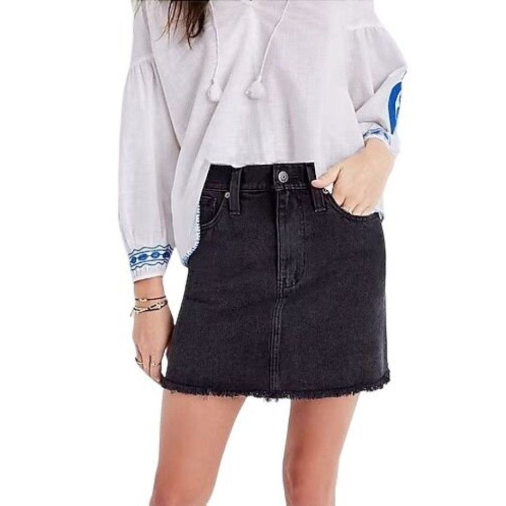 Three Brome Black Denim Straight Pencil Skirt Raw Hem NEW‎ Size 26 Junior L